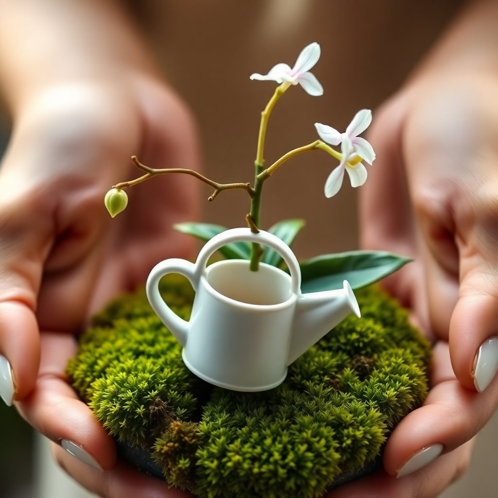 Close-up of a small orchid in a moss pot, hands holding a small watering can, soft natural lighting, educational botanical style, focus on moss texture.
